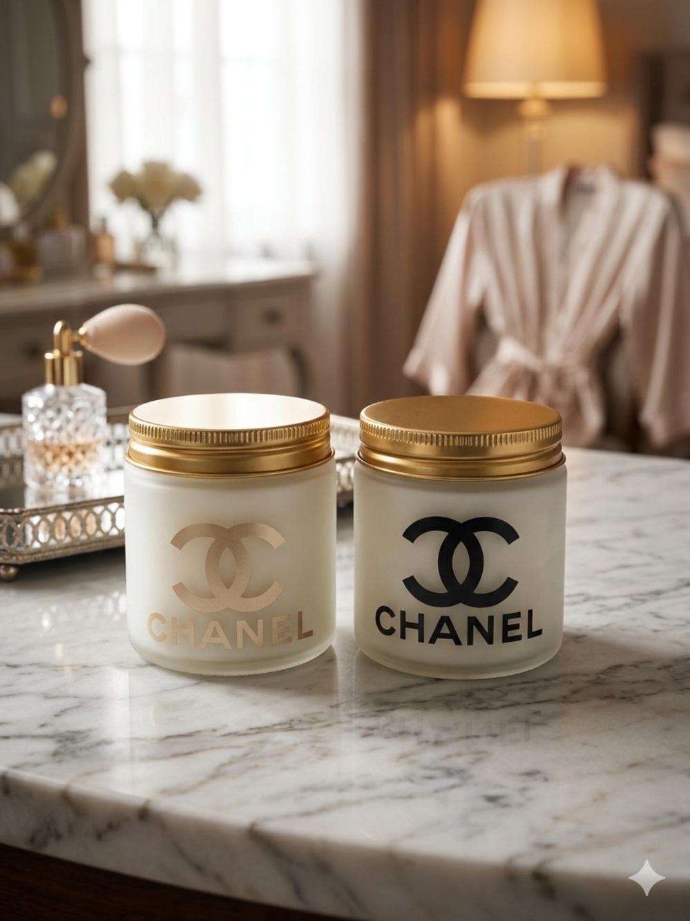 CHANEL White Jar Candle 🕯️ with CC Black Logo and Gold Lid